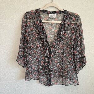 VTG Tess Womens Silk Sheer‎ Floral Lace Print Ruffle V-Neck Blouse Romantic 12